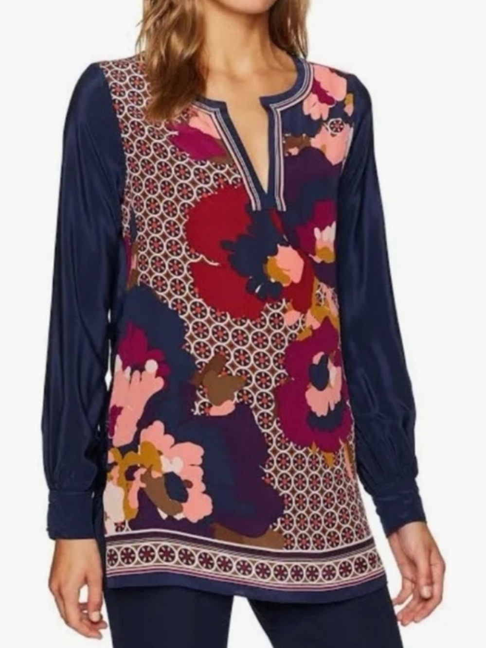 Trina Turk Lotta 100% Silk Floral Print Tunic Blouse Top XS